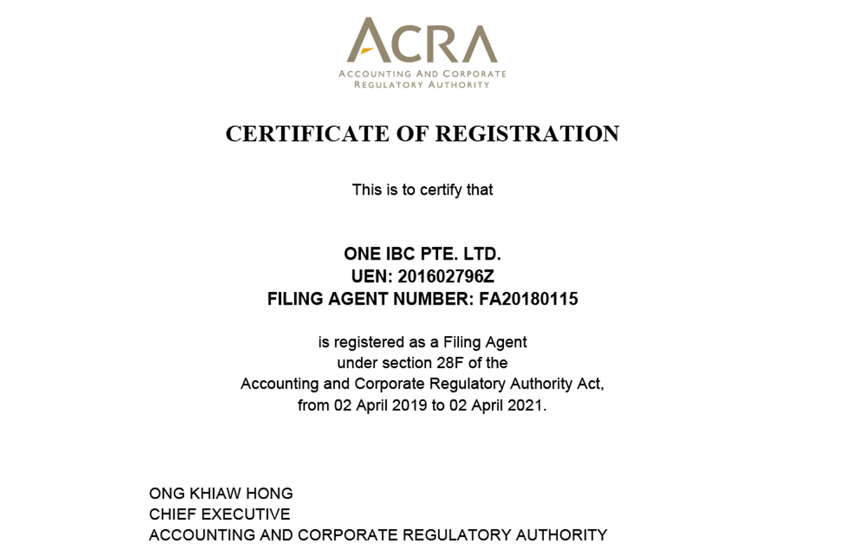 One IBC Pte. Ltd - Certified Corporate Services Provider in Singapore by ACRA 2019 - 2021