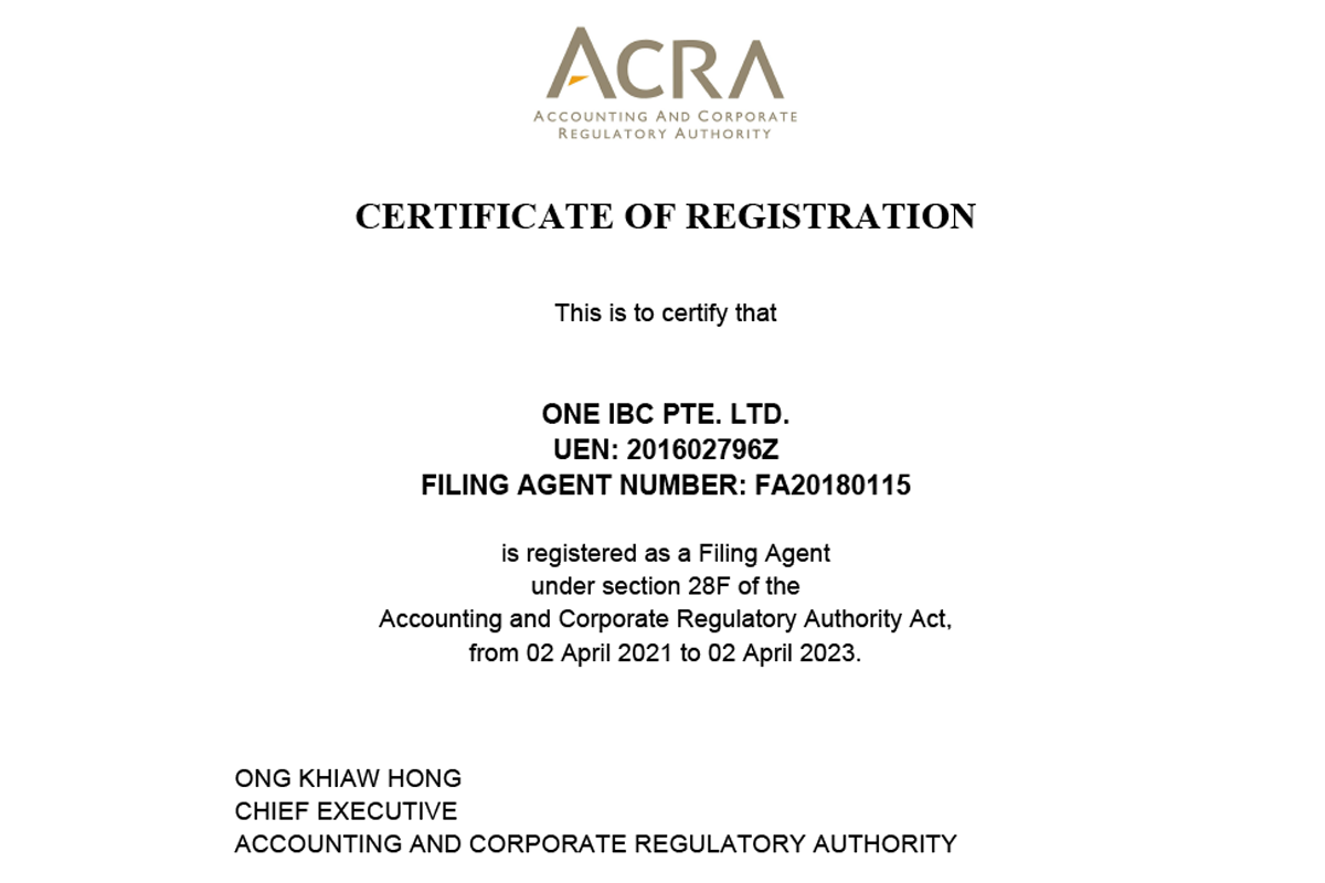 One IBC Pte. Ltd - Certified Corporate Services Provider in Singapore by ACRA 2021 - 2023